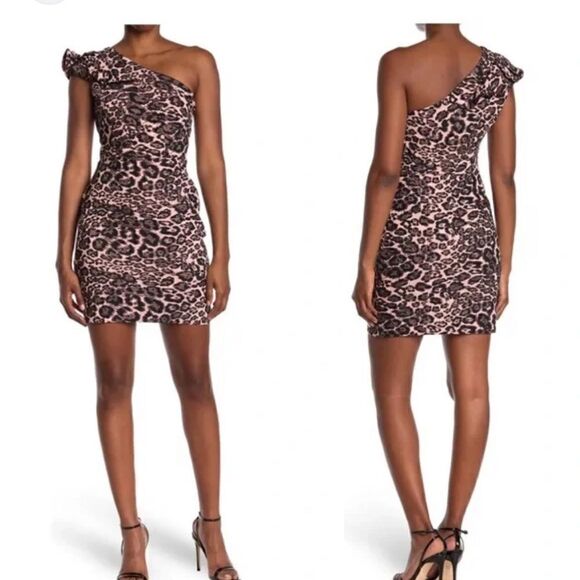 Parker Black JoJo One shoulder leopard print mini dress size 4 EUC - Picture 1 of 12